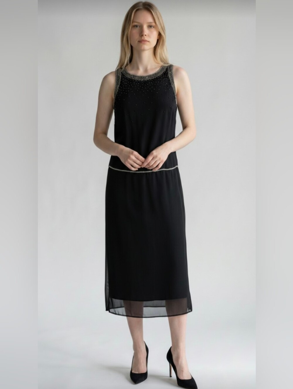 JMD NEW YORK! GORGEOUS BLACK W/IRIDESCENT SILVER BEADING GOWN, DRESS! SZ 2X